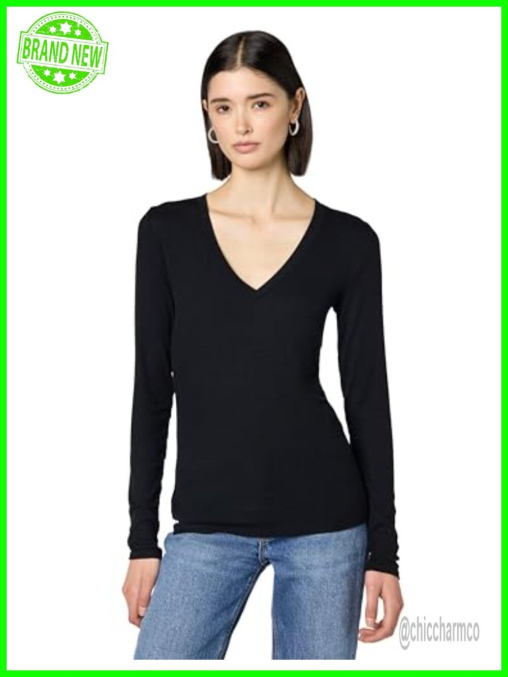 Ribbed Long Sleeve V-Neck Top Stretch Micro Modal Casual Tee